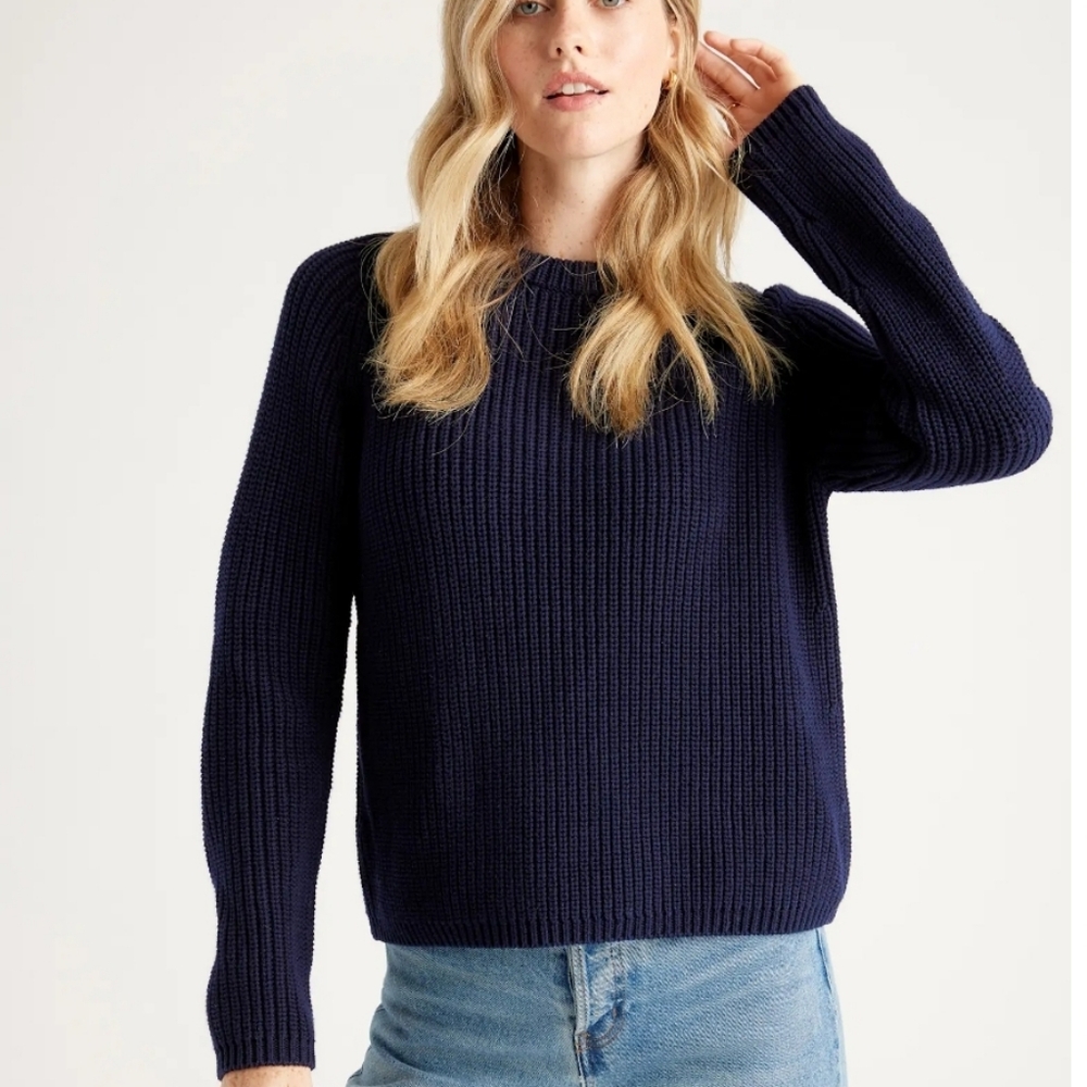 Quince Organic Cotton Fisherman Crew Sweater, Navy, size Medium